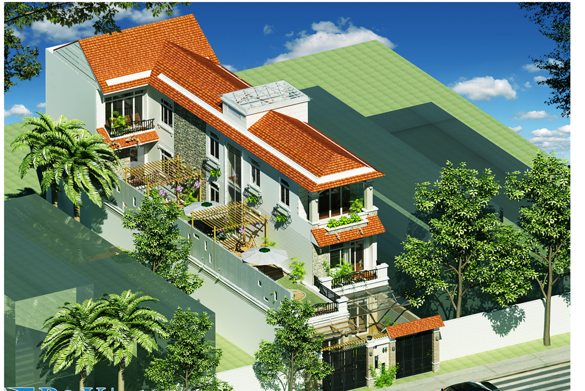 Trọn bộ hồ sơ biệt thự 2 tầng, mái Thái 19x21 (kiến trúc, kết cấu, điện nước)